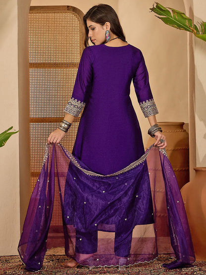 Women Zari Sequence Embroidered A-Line Kurta With Trouser & Dupatta