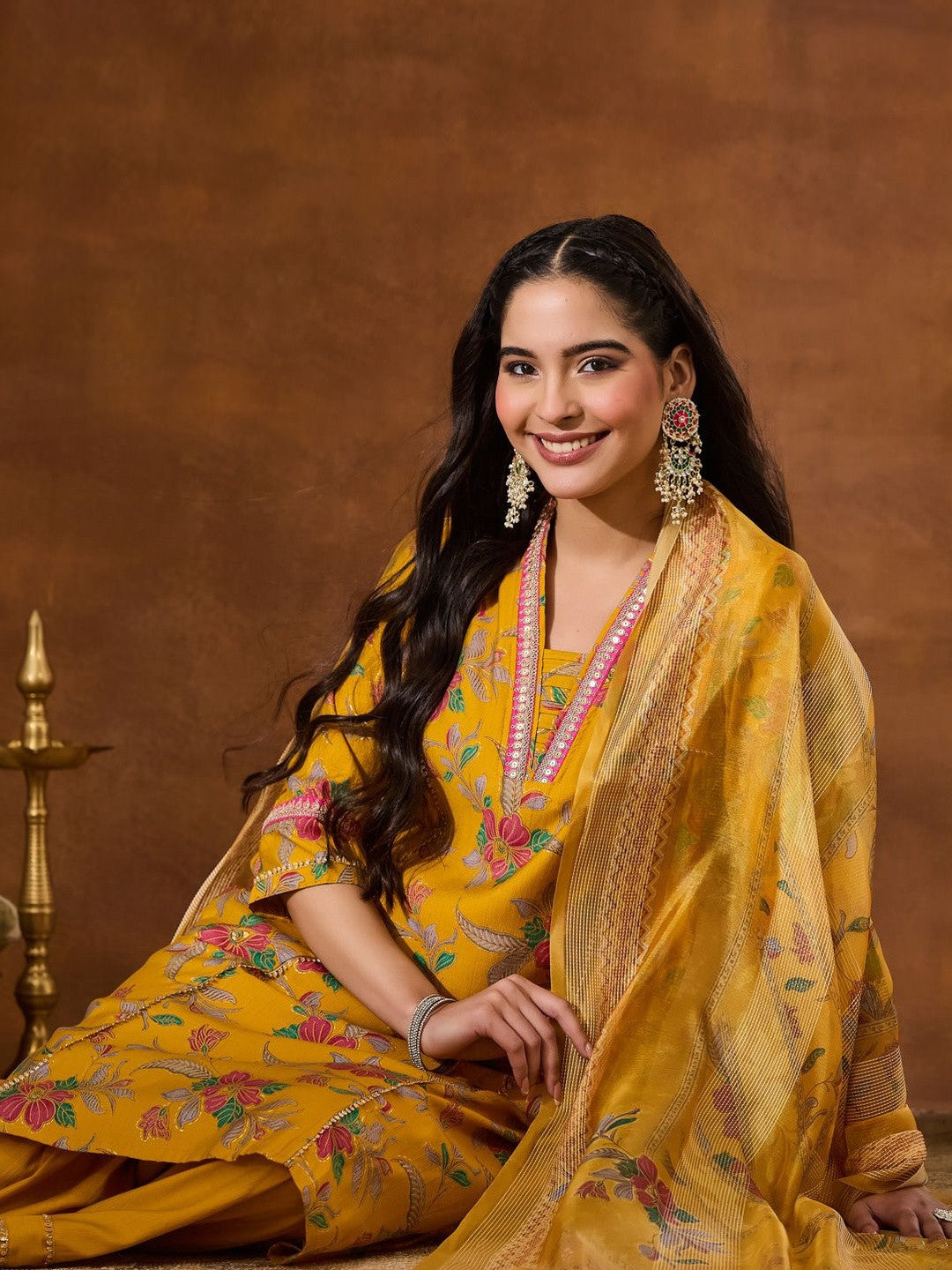 Floral Printed A-line Kurta Sharara with Dupatta