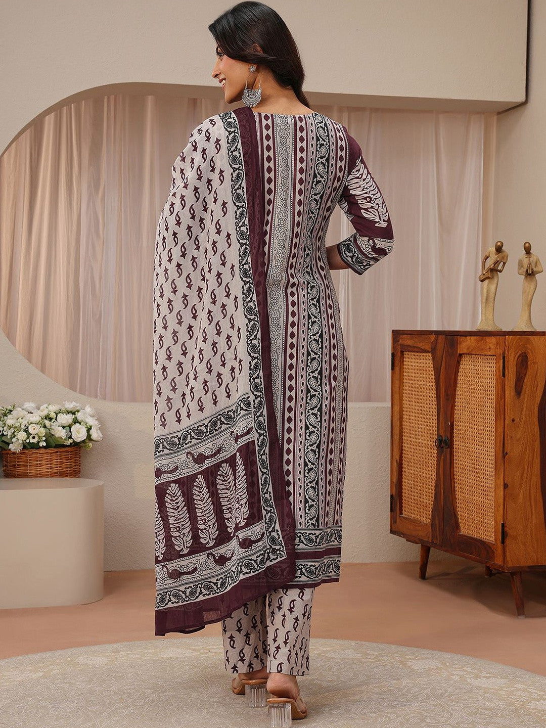 Maroon Ethnic Printed Cotton Straight Suit Set