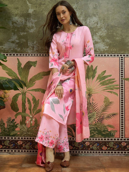 Floral Print Cotton Blend Straight Kurta & Trousers