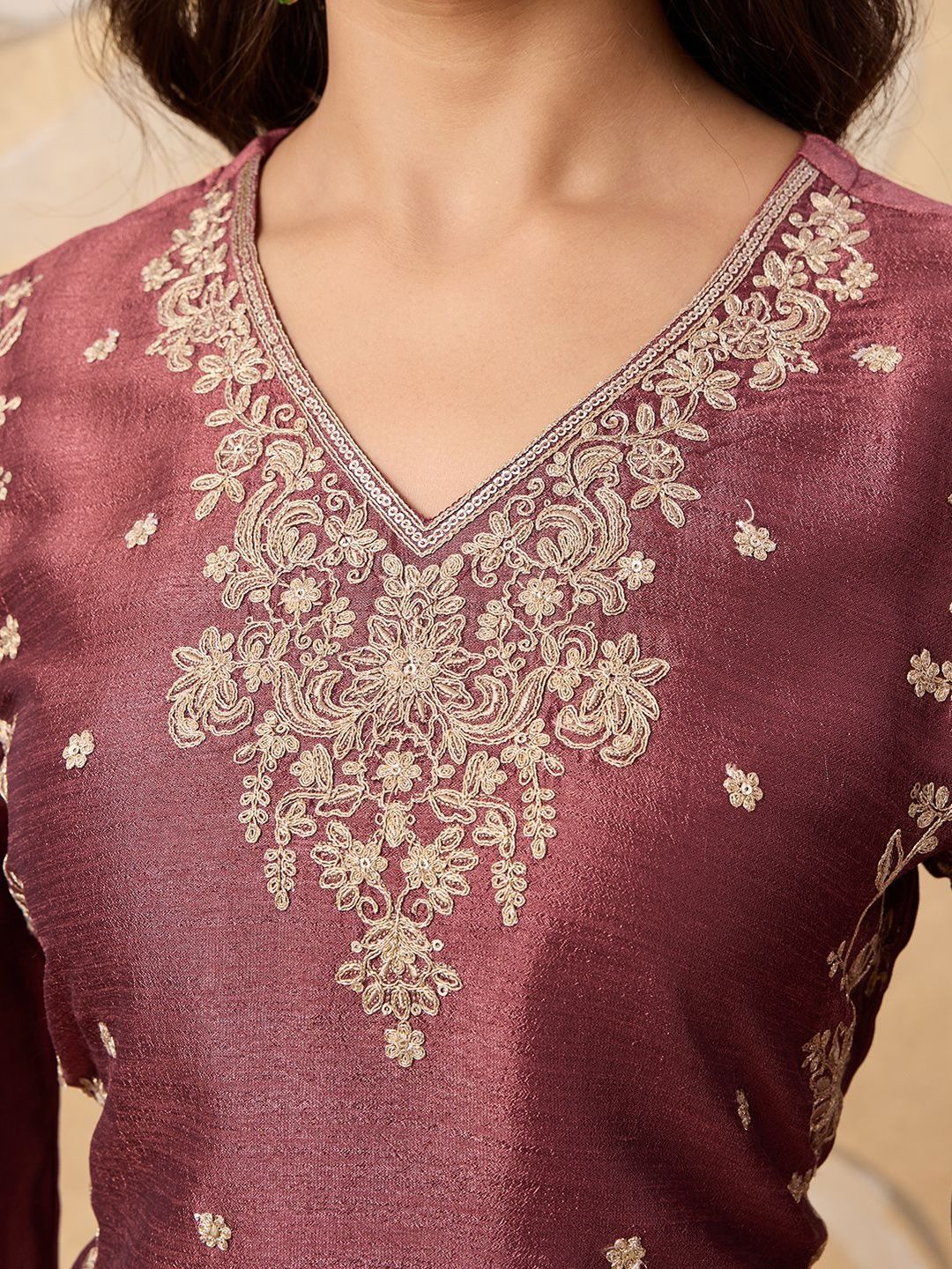 Dhiyona HOP Floral Embroidered V-Neck Sequinned Straight Kurta & Sharara With Dupatta