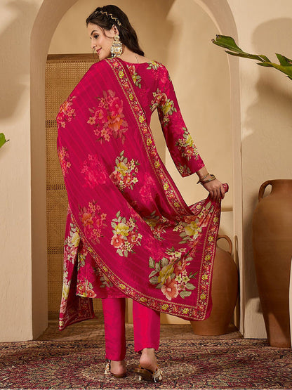 Women Floral Printed Silk Kurta with Trousers & Dupatta