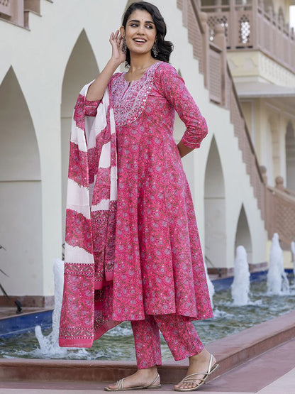 Dhiyona KL Floral Printed Chikankari Pure Cotton Anarkali Kurta With Trouser & Dupatta
