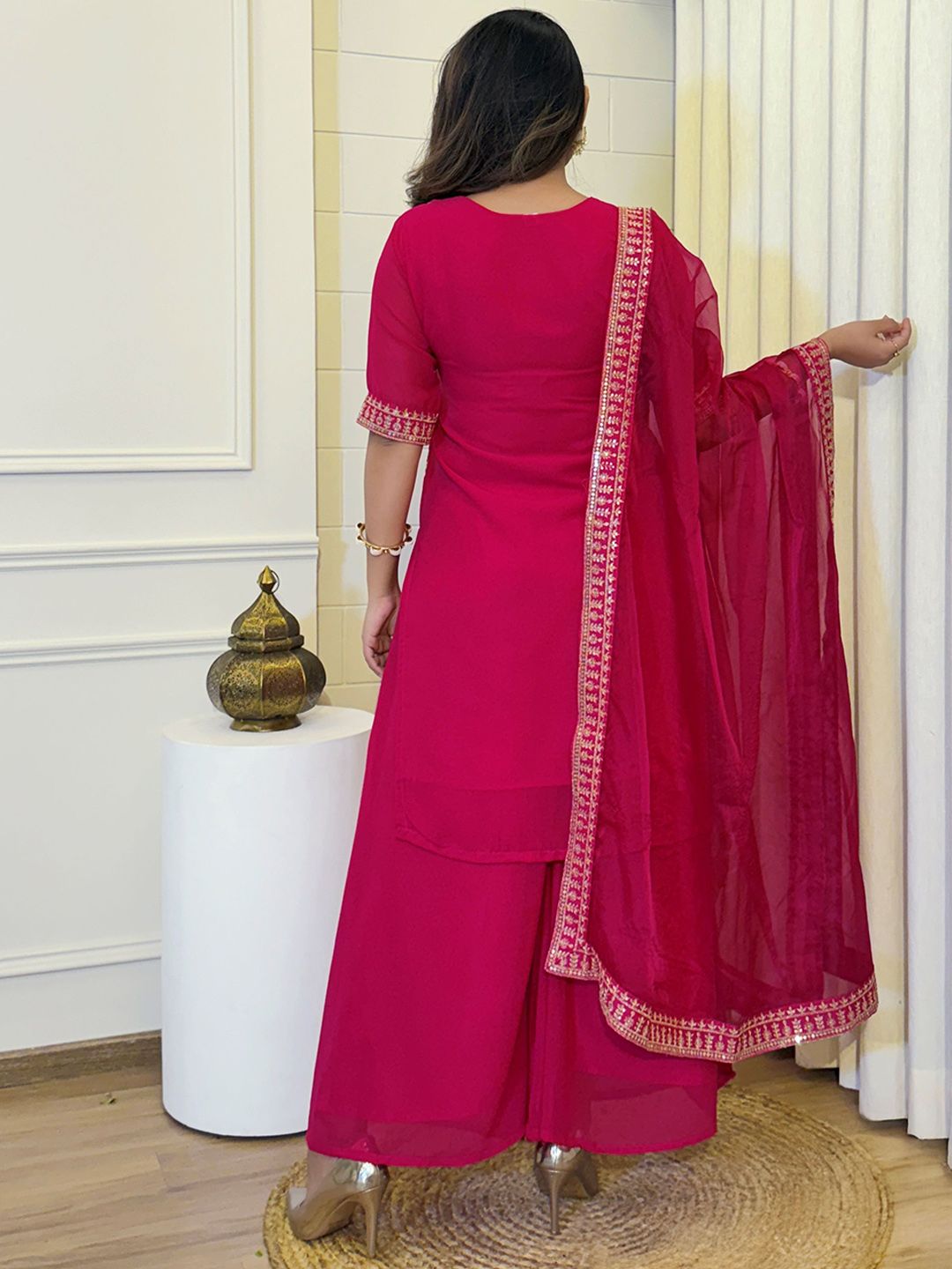 Dhiyona KL Ethnic Motifs Embroidered Sequinned Georgette Straight Kurta With Sharara & Dupatta