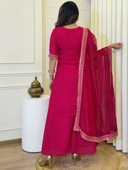 Dhiyona KL Ethnic Motifs Embroidered Sequinned Georgette Straight Kurta With Sharara & Dupatta