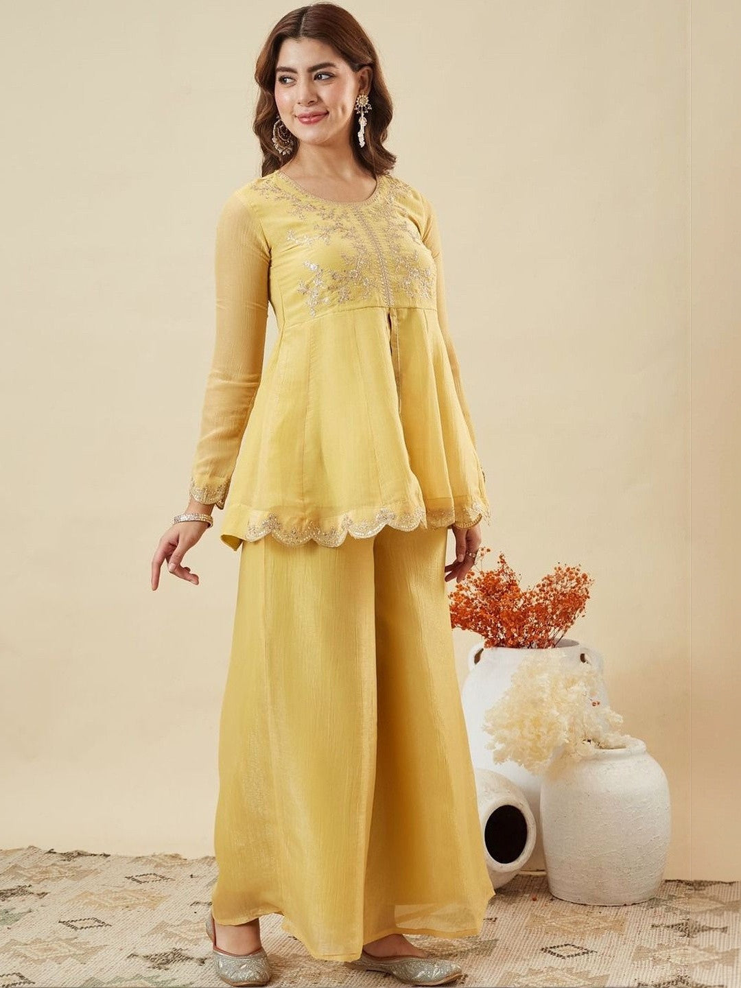 Embroidered Art Silk Round Neck Kurta & Palazzos With Dupatta