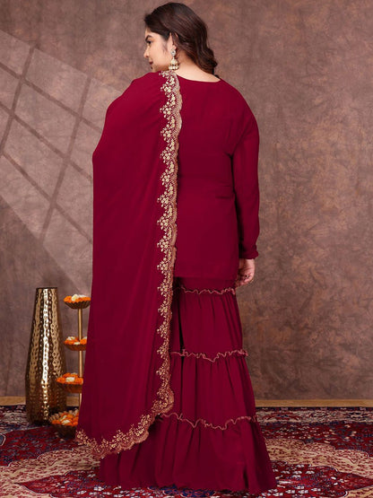 Dhiyona IN Floral Yoke Design Thread Work Georgette Straight Kurta With Sharara & Dupatta
