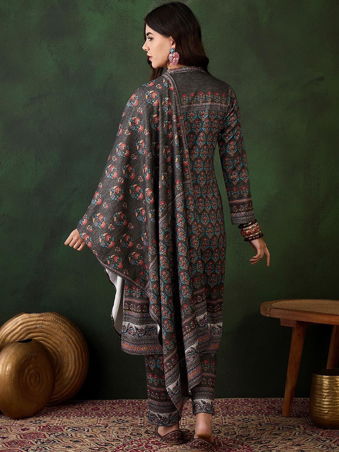 Self Design Winter Pashmina Straight Kurta & Trouser With Dupatta