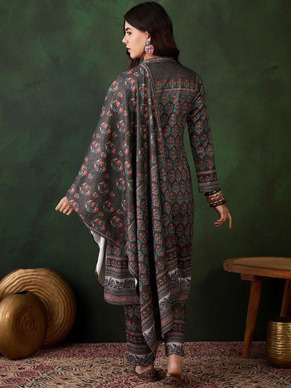 Self Design Winter Pashmina Straight Kurta & Trouser With Dupatta