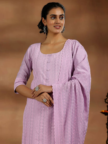 Women's LB Mauve Embroidered Silk Blend Straight Suit With Dupatta