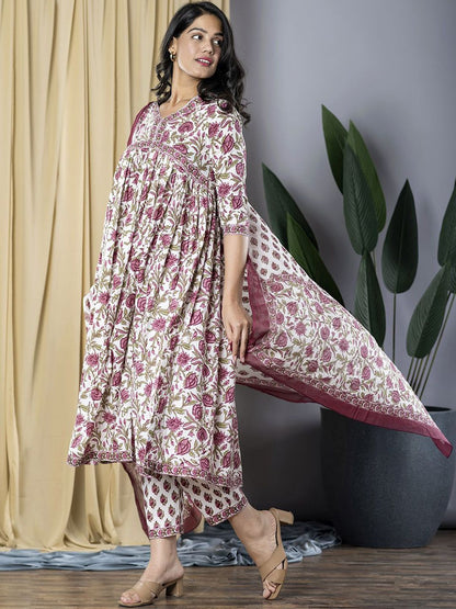 Dhiyona KL Floral Printed Empire Pure Cotton Kurta with Trouser & Dupatta