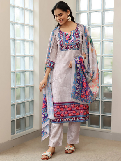 Women's LB Grey Printed Linen Straight Suit With Dupatta