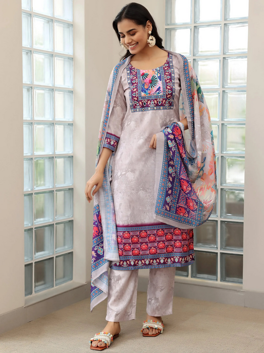 Women's LB Grey Printed Linen Straight Suit With Dupatta