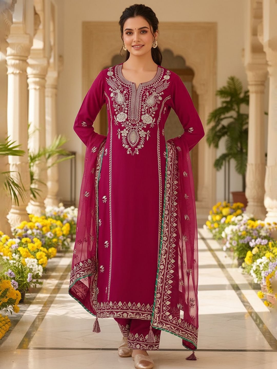Dhiyona KL Floral Embroidered Straight Kurta with Palazzos & Dupatta
