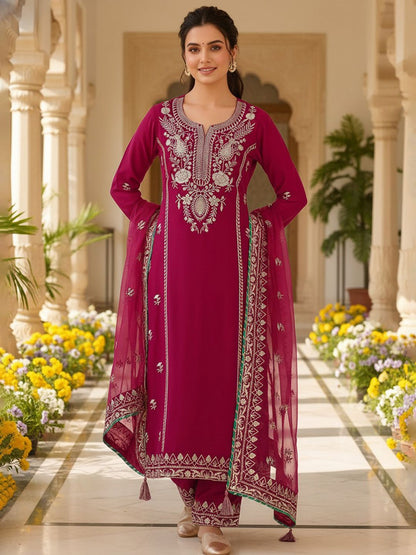 Dhiyona KL Floral Embroidered Straight Kurta with Palazzos & Dupatta