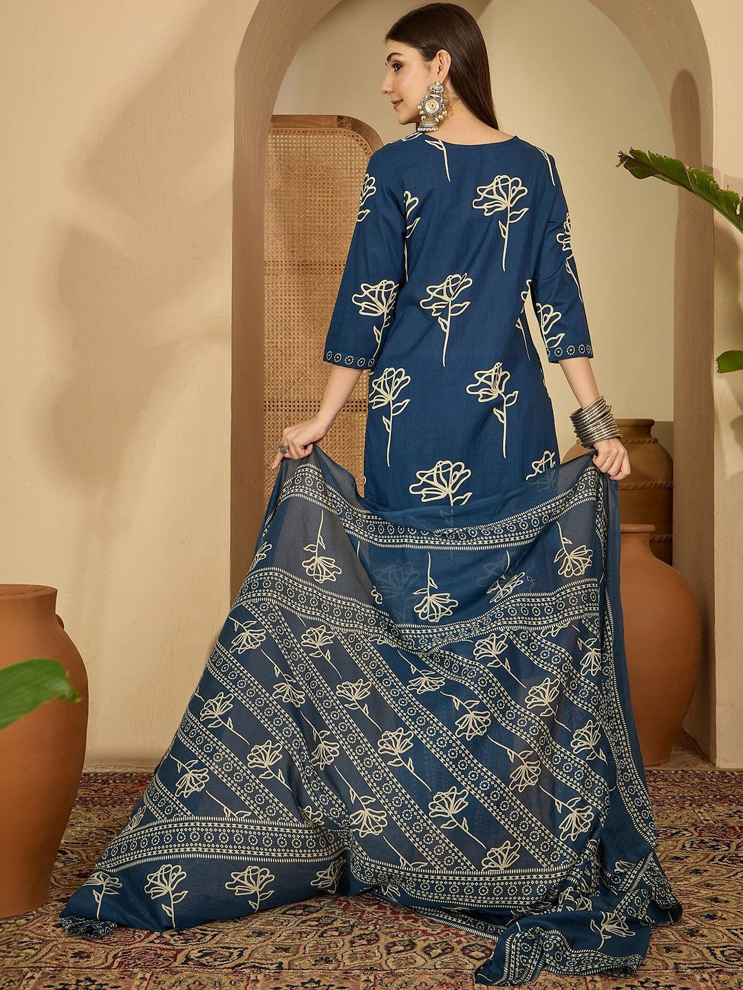 Printed Pure Cotton Round Neck Kurta & Trousers Kurta Set