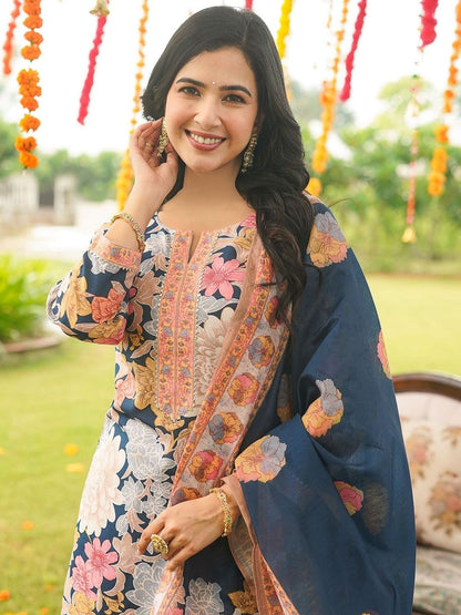 Dhiyona KL Floral Printed Notch Neck Straight Kurta with Trouser & Dupatta