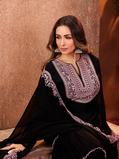 Dhiyona KL Women Ethnic Motifs Embroidered Regular Thread Work Kurta with Sharara & With Dupatta