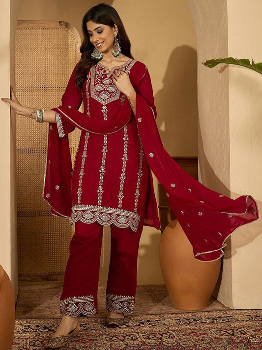 Dhiyona SN Georgette Zari Sequence Embroidered Kurta With Palazzos And Dupatta