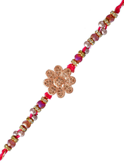 Dhiyona Gold Toned Beaded Floral Rakhi With Roli Chawal & Greeting Card