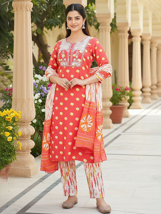 Dhiyona KL Ethnic Motifs Printed Thread Work Straight Kurta With Trousers & Dupatta