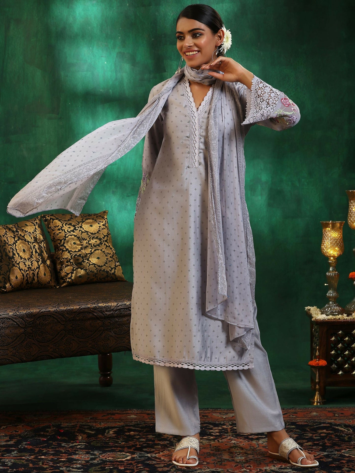 Women's LB Grey Printed Silk Blend Straight Suit With Dupatta