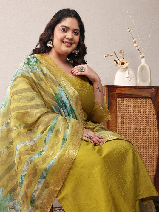 Dhiyona Women's Plus Size Regular Kurta with Trousers & With Dupatta