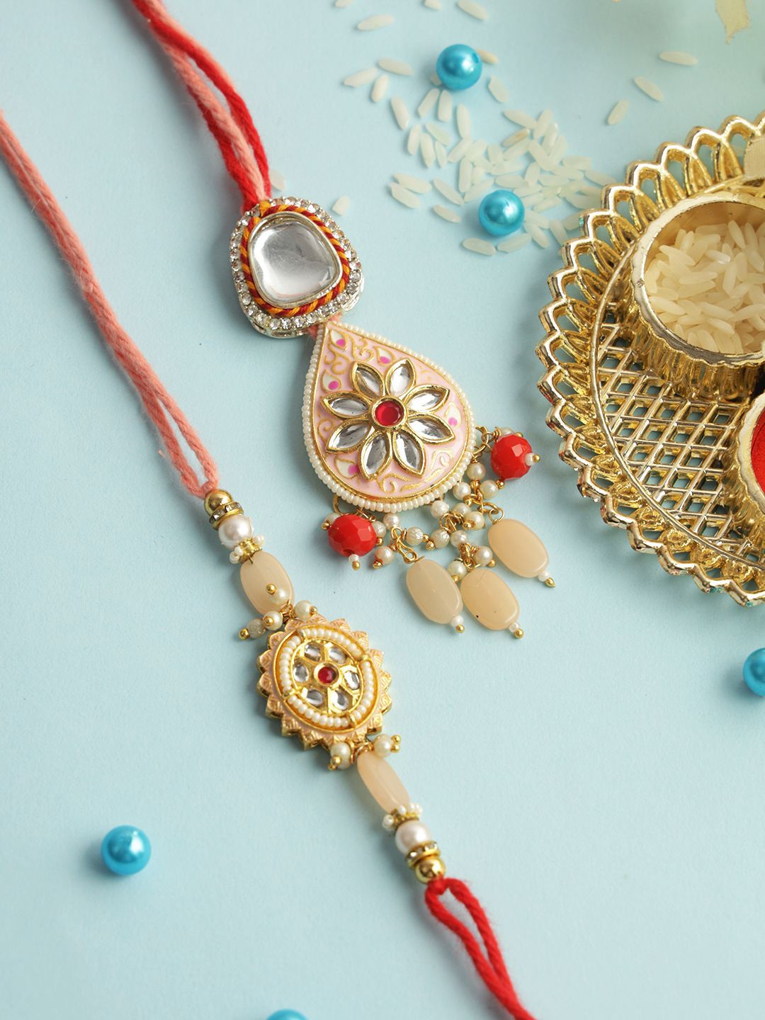 Dhiyona Red Stone Studded & Beaded Bhaiya Bhabhi Thread Rakhis With Roli Chawal