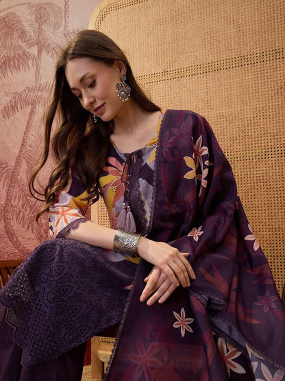 Floral Printed Round Neck Lace Hem Kurta & Trousers With Dupatta