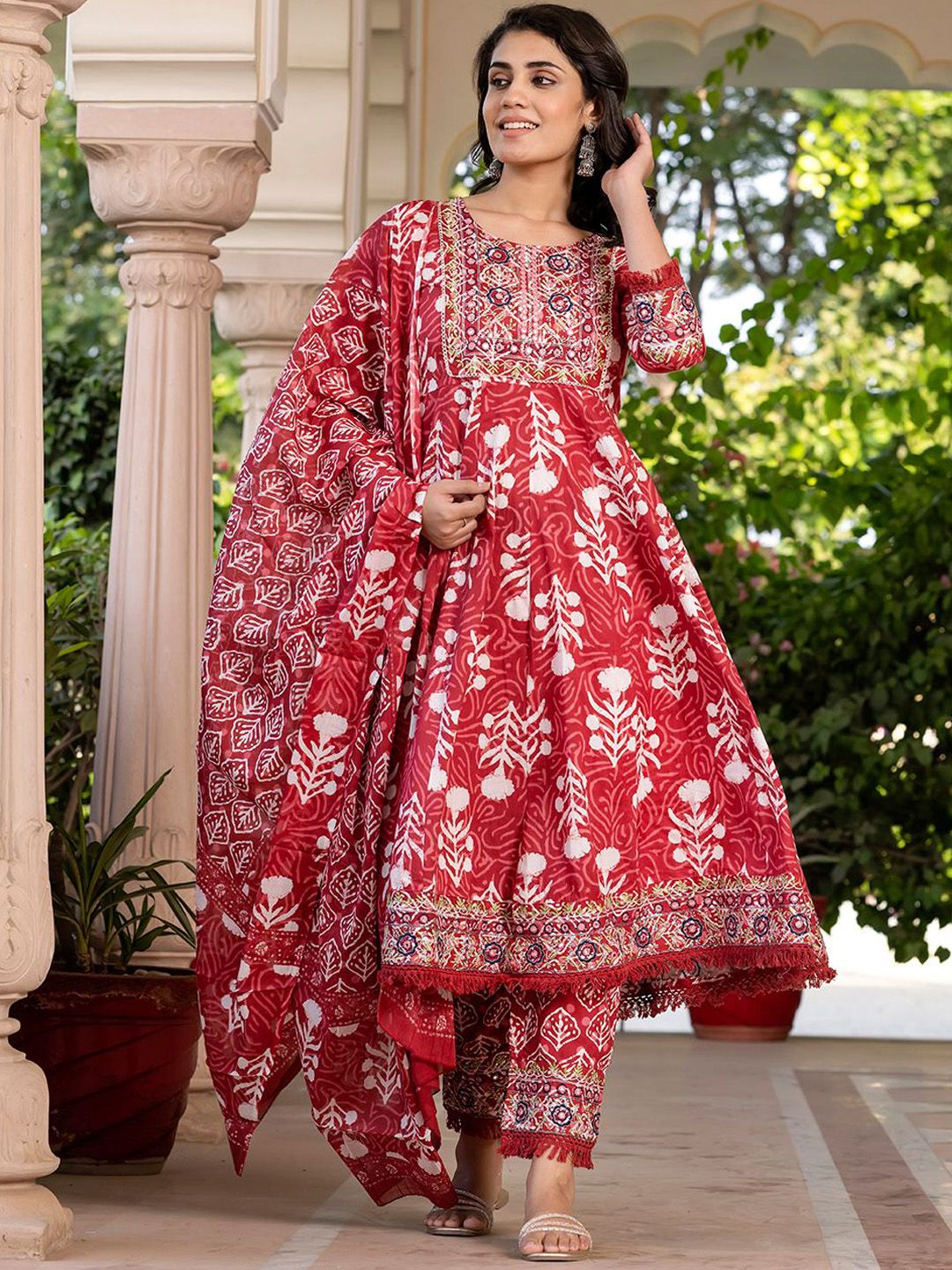 Dhiyona KL Floral Printed Mirror Work Pure Cotton Anarkali Kurta With Trouser & Dupatta