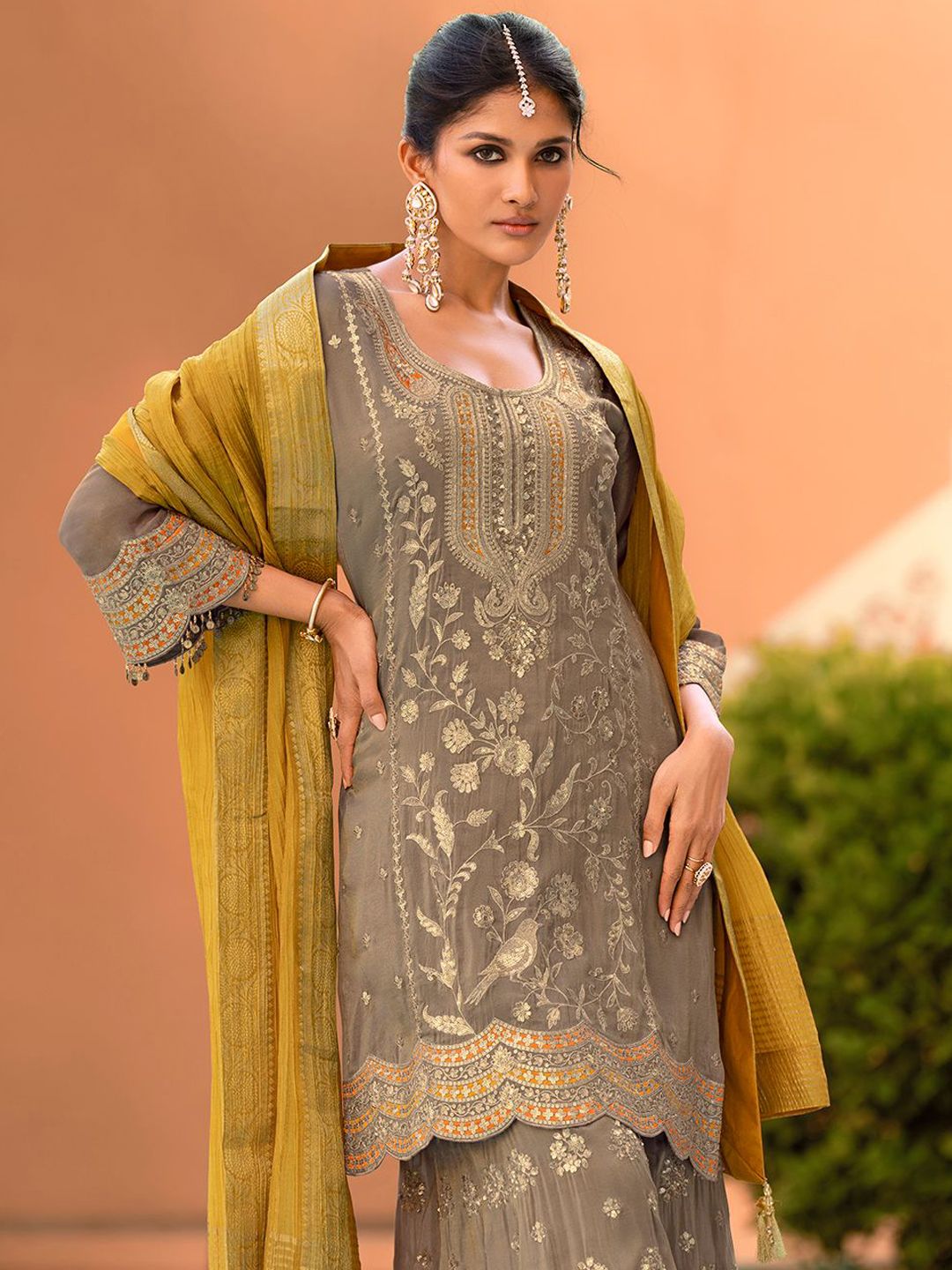 Dhiyona HOP Women Floral Embroidered A-Line Kurta with Sharara & Dupatta