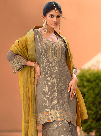 Dhiyona HOP Women Floral Embroidered A-Line Kurta with Sharara & Dupatta