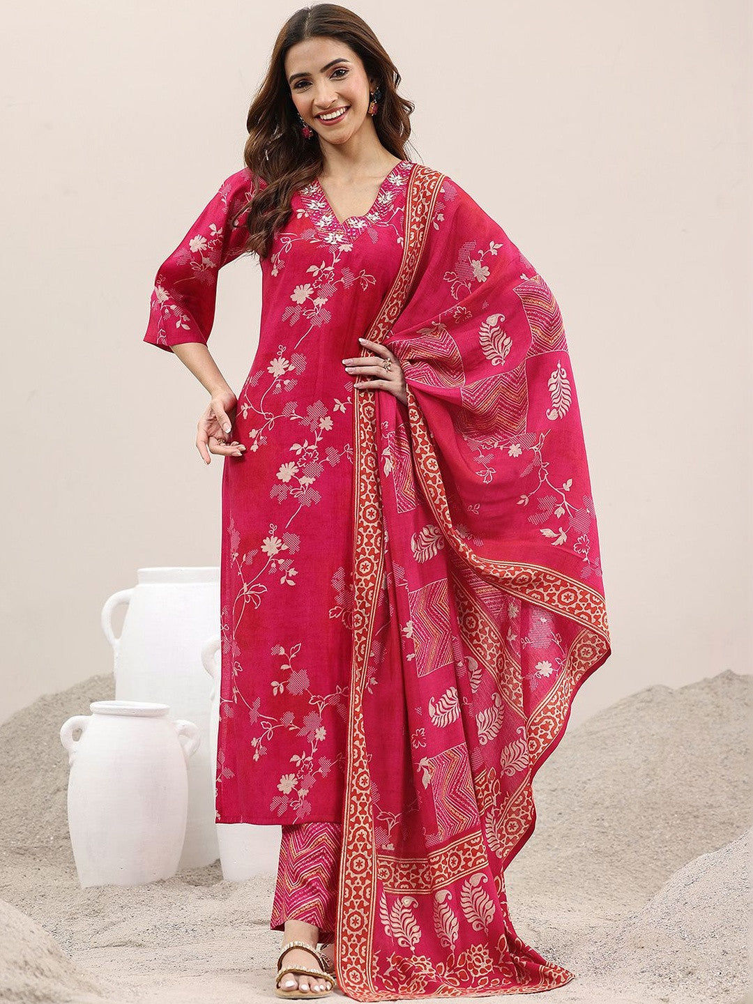 Women Floral Printed Regular Thread Work Kurta with Trousers & With Dupatta