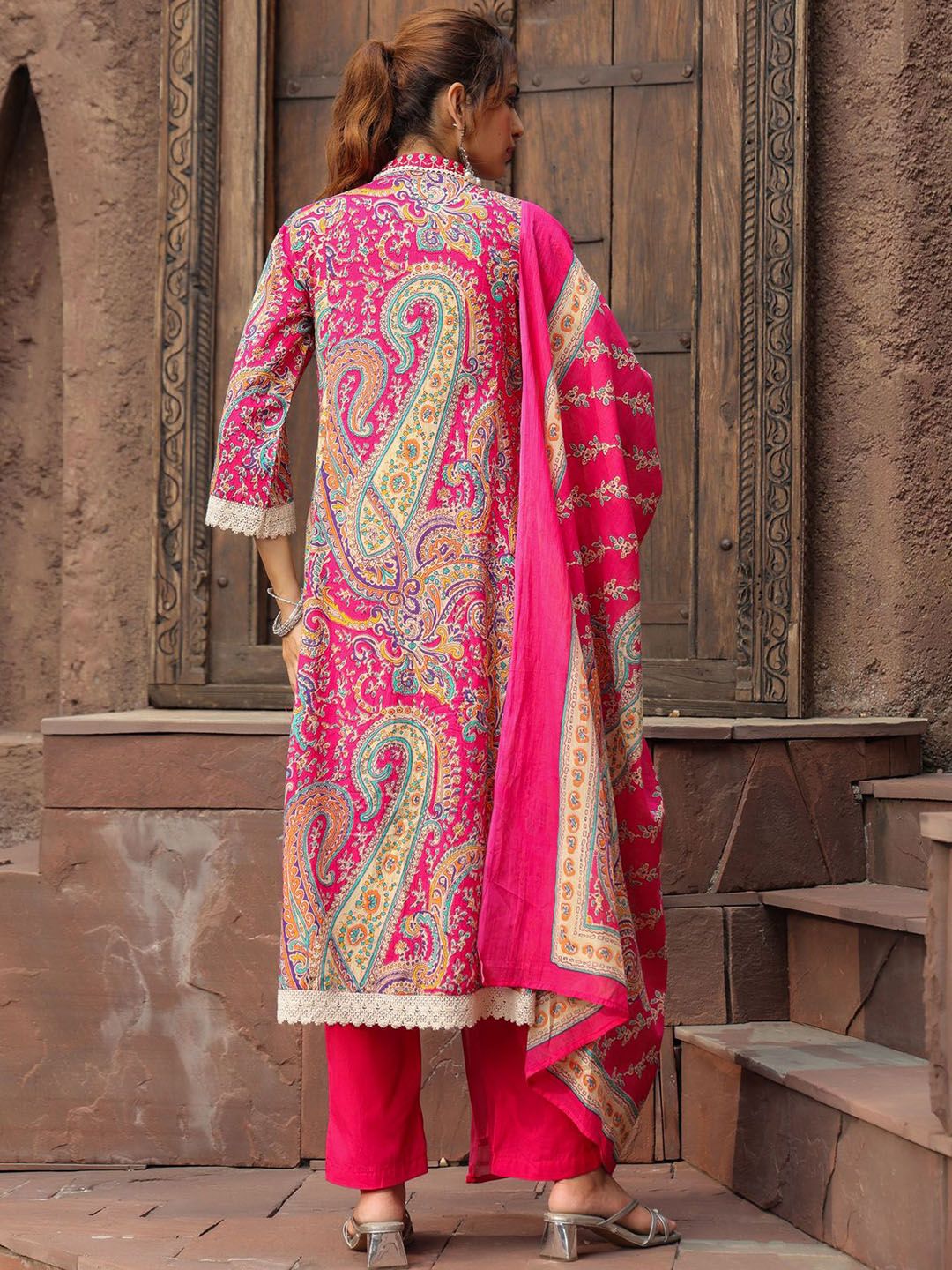 Dhiyona RR Women's Printed Thread Work Pure Cotton Anarkali Kurta with Trousers & Dupatta