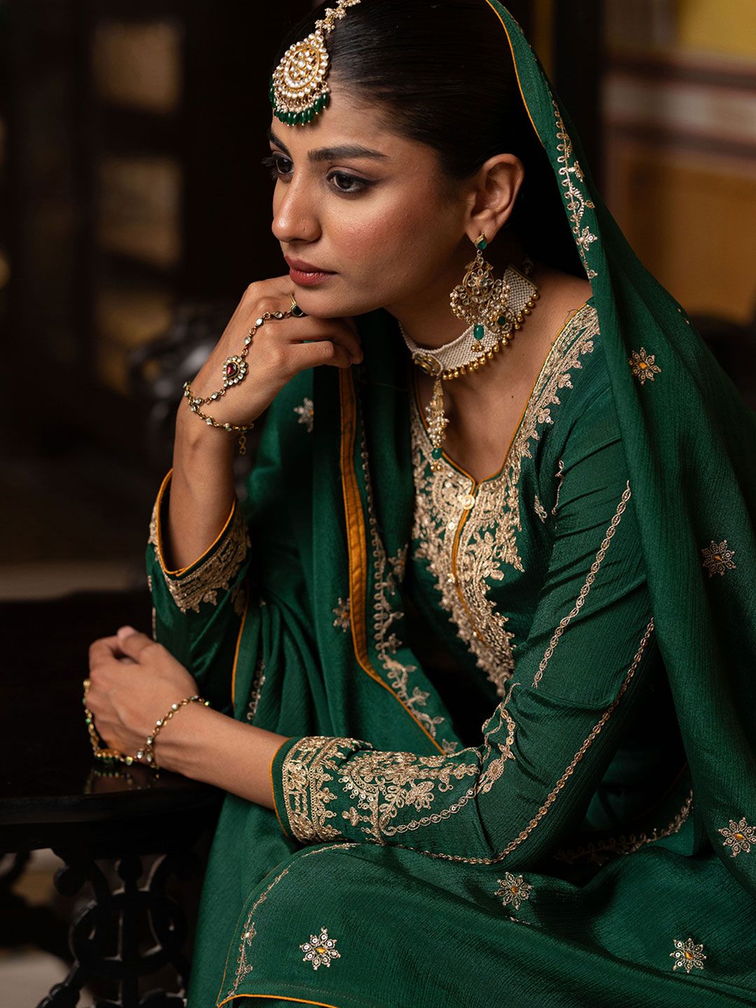 Dhiyona CH Floral Embroidered Sequinned Straight Kurta With Trousers & Dupatta