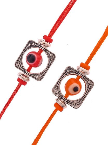 Dhiyona Silver Toned Set Of 2 Beaded Thread Rakhis With Roli Chawal & Greeting Card