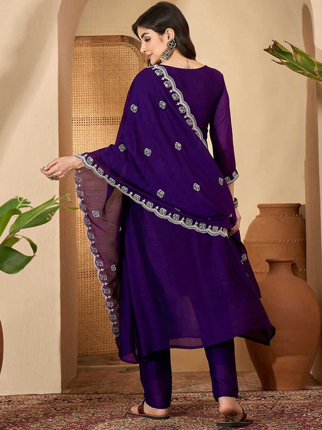Ethnic Motifs Embroidered Pleated Sequinned A-Line Kurta With Trousers & Dupatta