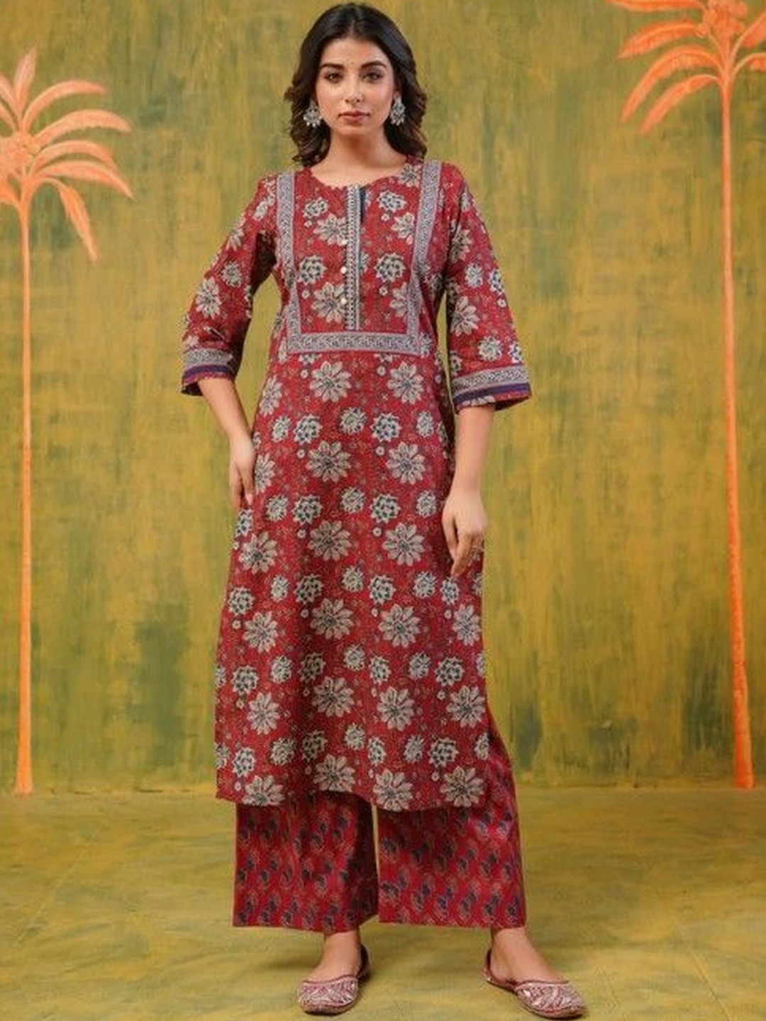 Dhiyona KL Women Floral Printed Regular Pure Cotton Kurta with Palazzos & With Dupatta