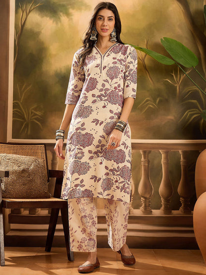 Women Floral Printed Pure Cotton Kurta With Palazzo
