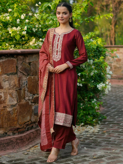 Women's LB Maroon Embroidered Silk Blend Straight Suit With Dupatta