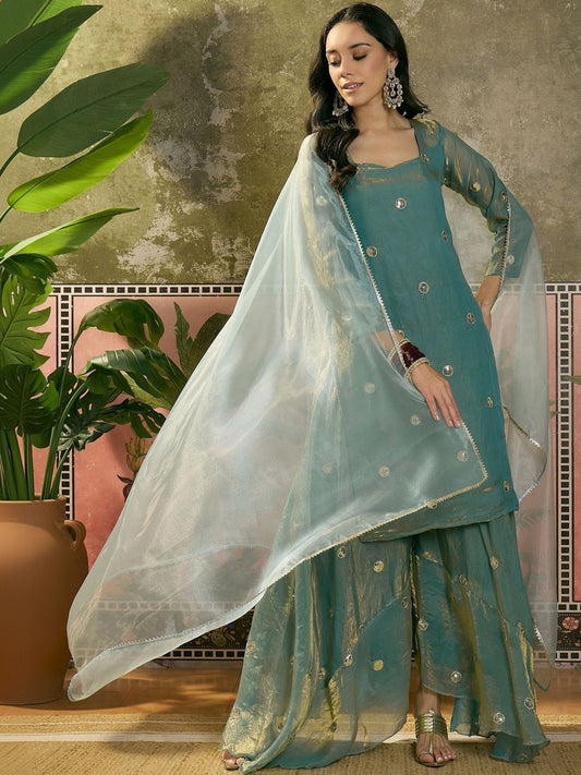 Dhiyona SN Embroidered Square Neck Straight Kurta & Palazzos With Dupatta