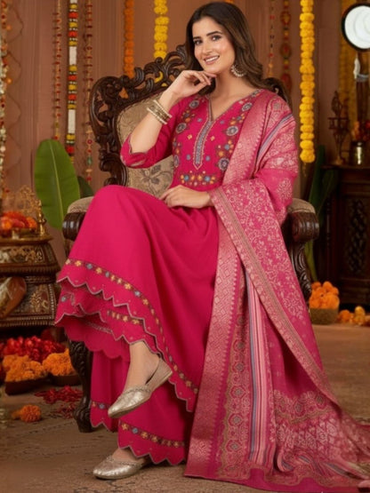 Dhiyona KL Women Ethnic Motifs Embroidered Tiered Thread Work Pure Silk Kurta with Palazzos & With Dupatta