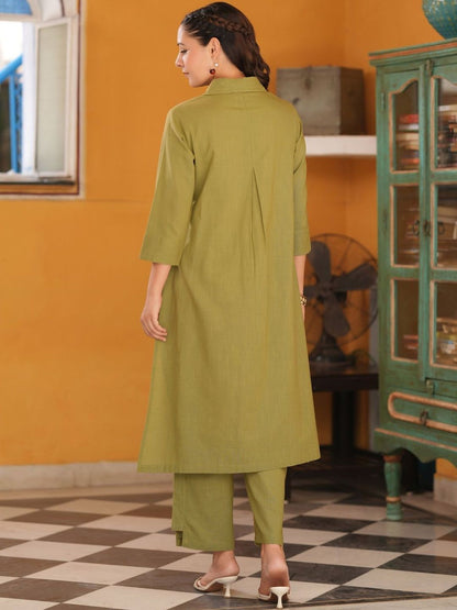 Dhiyona RR Women's Shirt Collar Pure Cotton A-Line Kurta With Trousers
