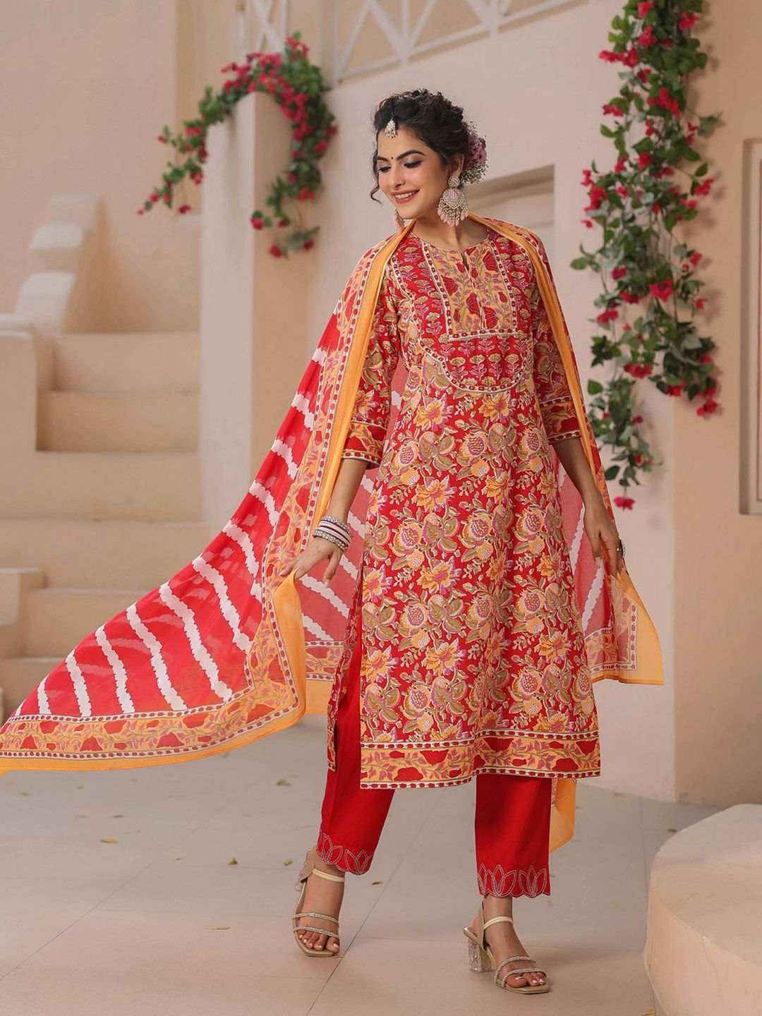 Dhiyona RR Women's Floral Printed Regular Sequinned Pure Cotton Kurta with Trousers & With Dupatta