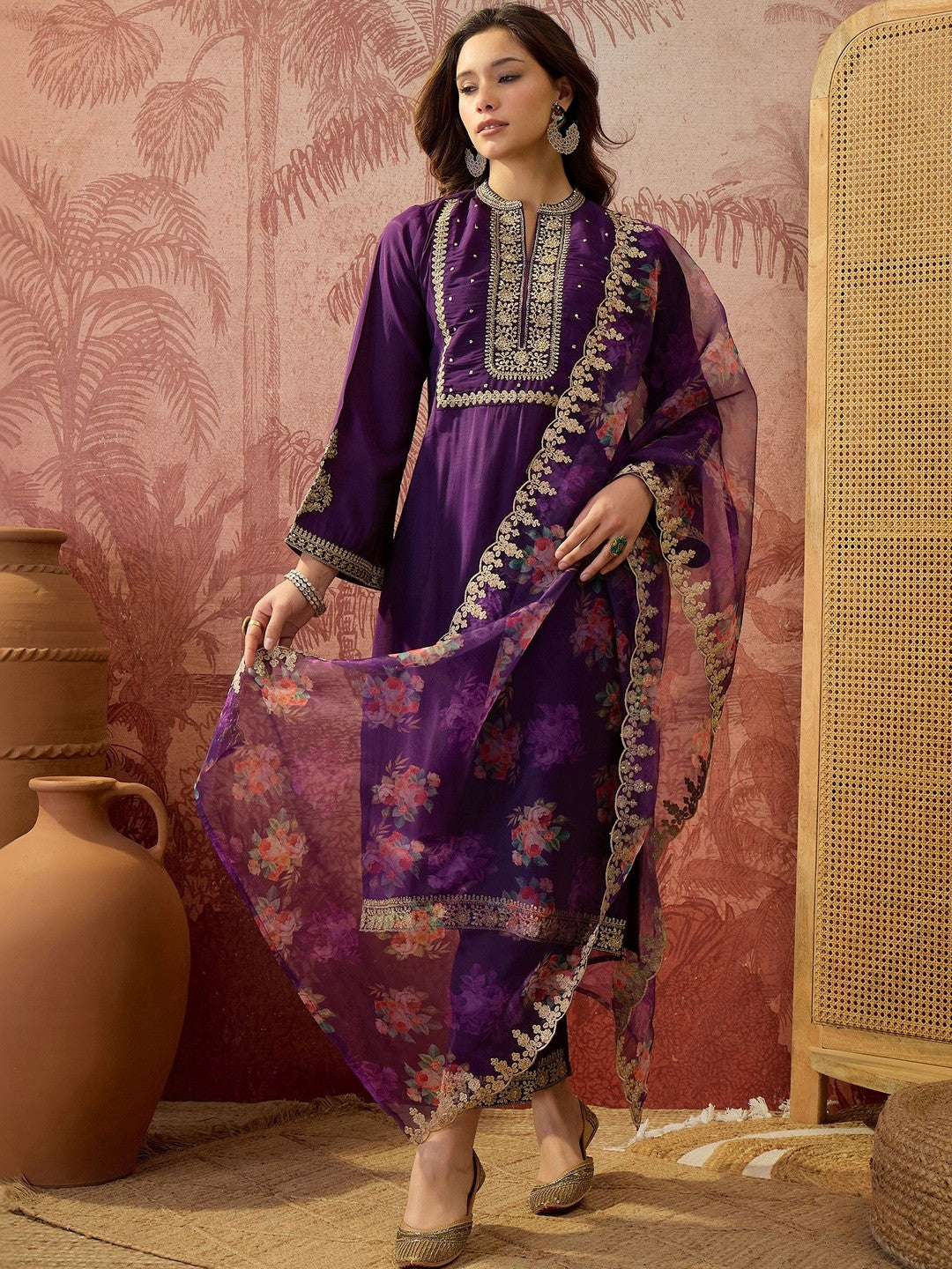 Dhiyona SN Woven Design Mandarin Collar Kurta & Trousers Kurta Sets