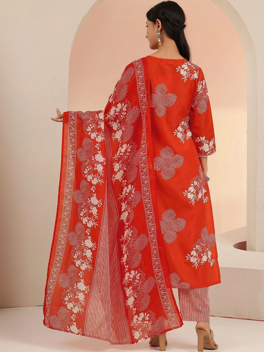 Orange Bandhani Printed Cotton Blend Straight Suit Set