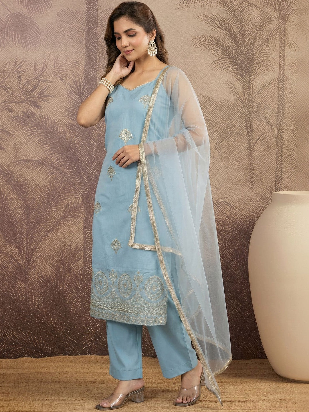Embroidered Round Neck Kurta & Trousers With Dupatta