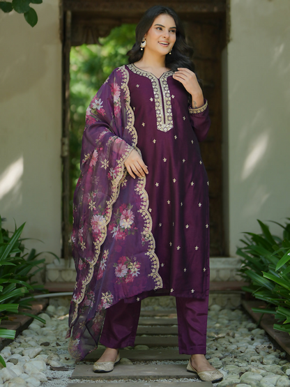 Women's LB Wine Embroidered Silk Blend Straight Suit With Dupatta