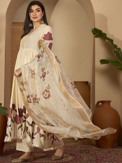Women Floral Printed Empire Thread Work Kurta with Palazzos & With Dupatta