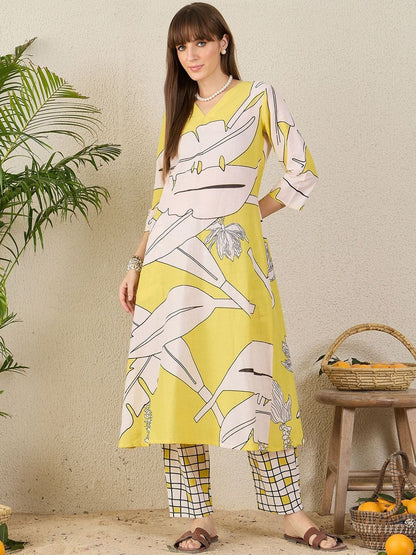 Women Ethnic Motifs Printed V Neck Pure Cotton Kurta with Trousers